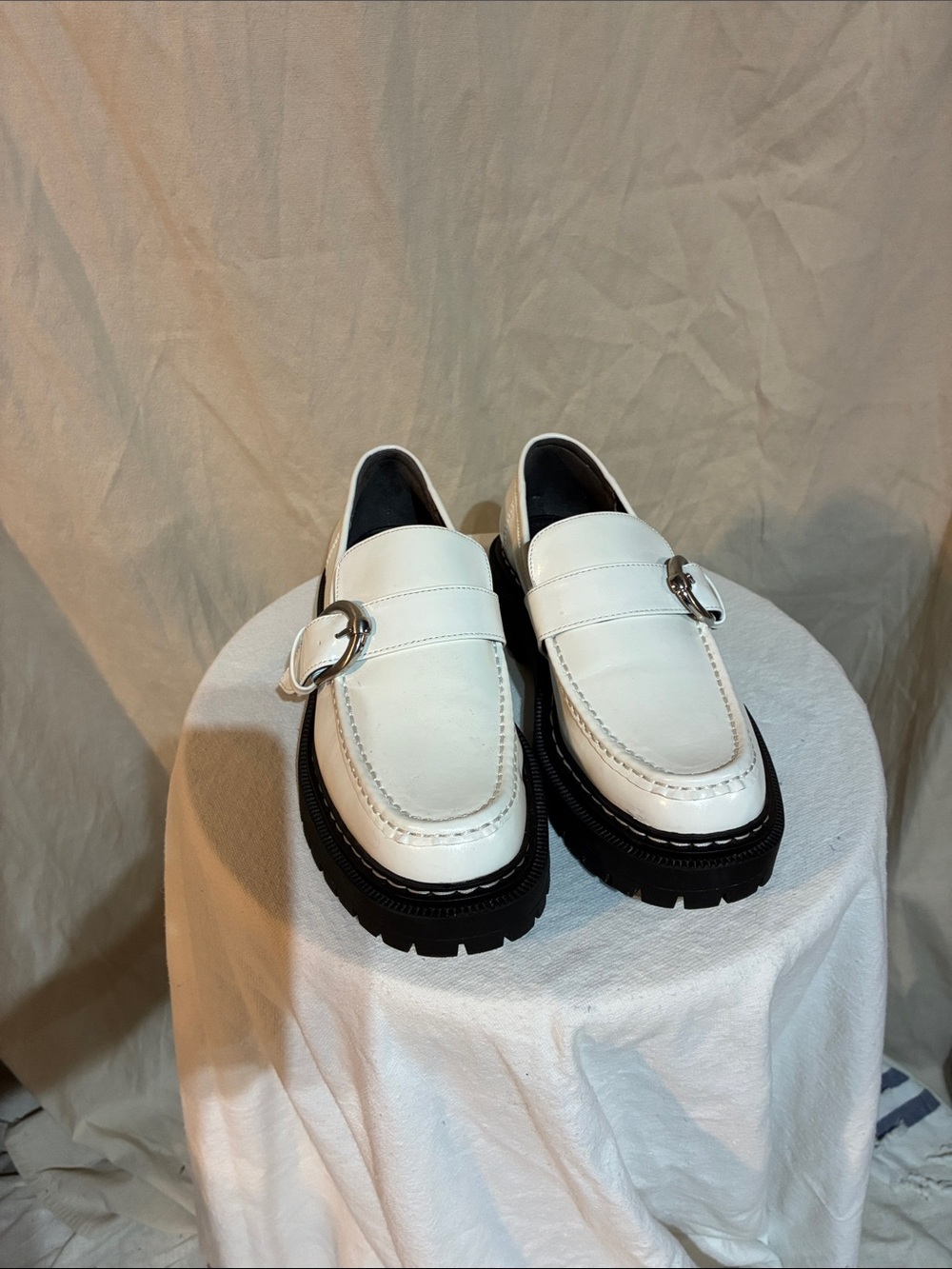 White Leather Buckle Loafers for men